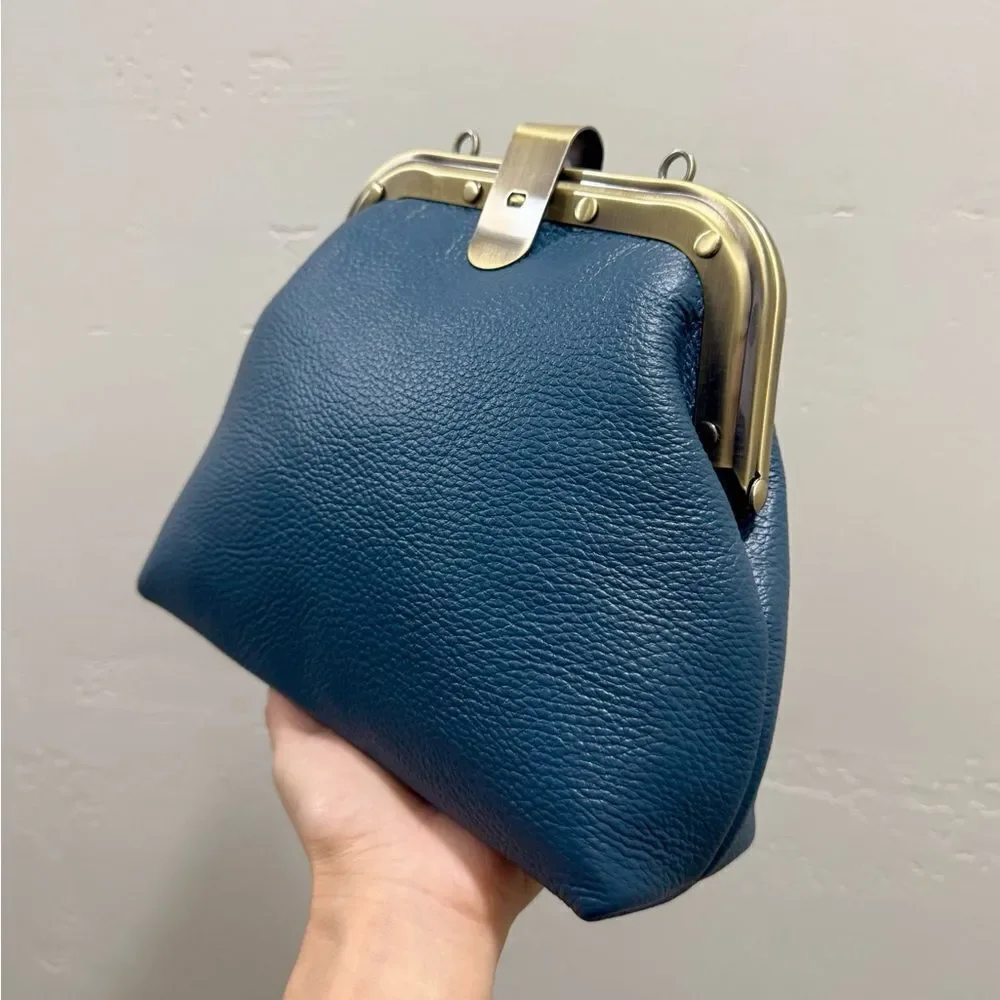 Blue Premium Pebble Leather Handmade Unique Rivet Metal Frame Handbag/Crossbody